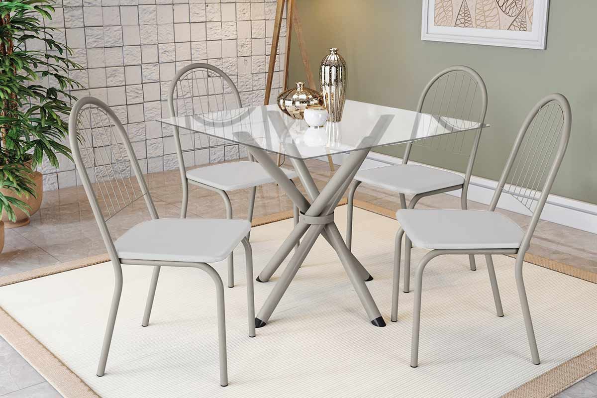 Sala Jantar Mesa Volga c/ Tampo de Vidro 90cm e 4 Cadeiras Noruega - Kappesberg
