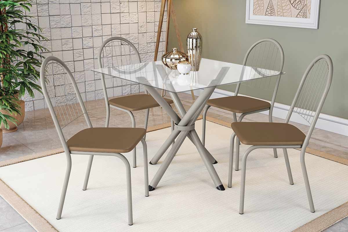 Sala Jantar Mesa Volga c/ Tampo de Vidro 90cm e 4 Cadeiras Noruega - Kappesberg