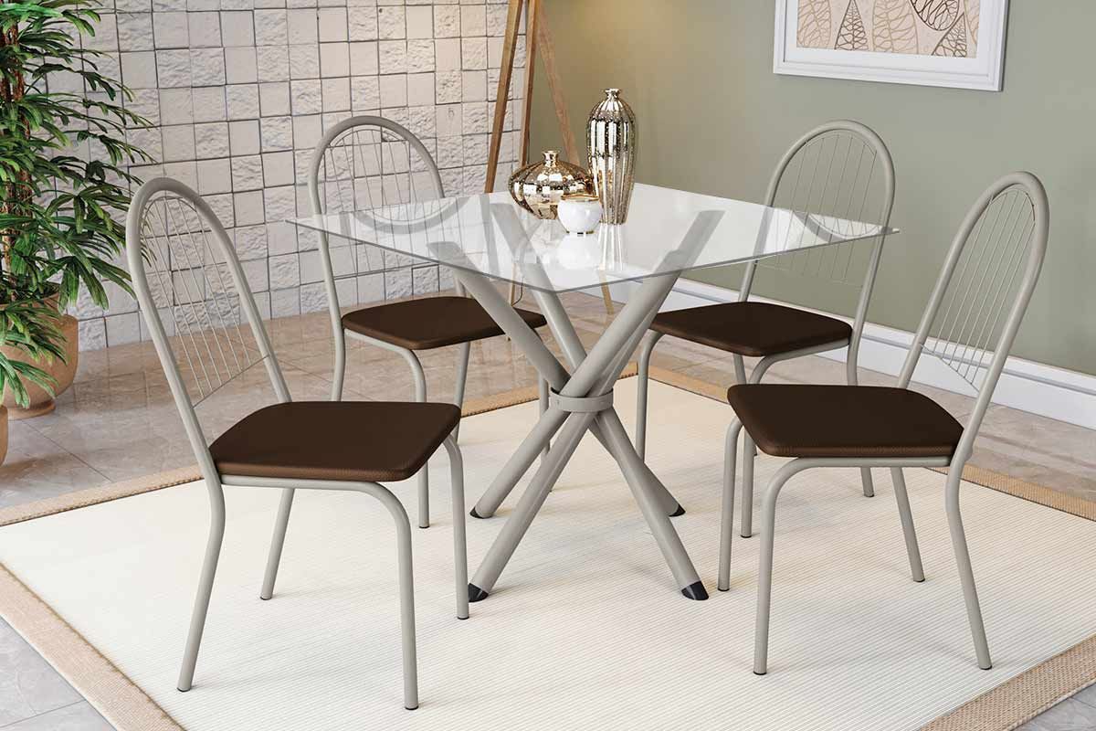 Sala Jantar Mesa Volga c/ Tampo de Vidro 90cm e 4 Cadeiras Noruega - Kappesberg