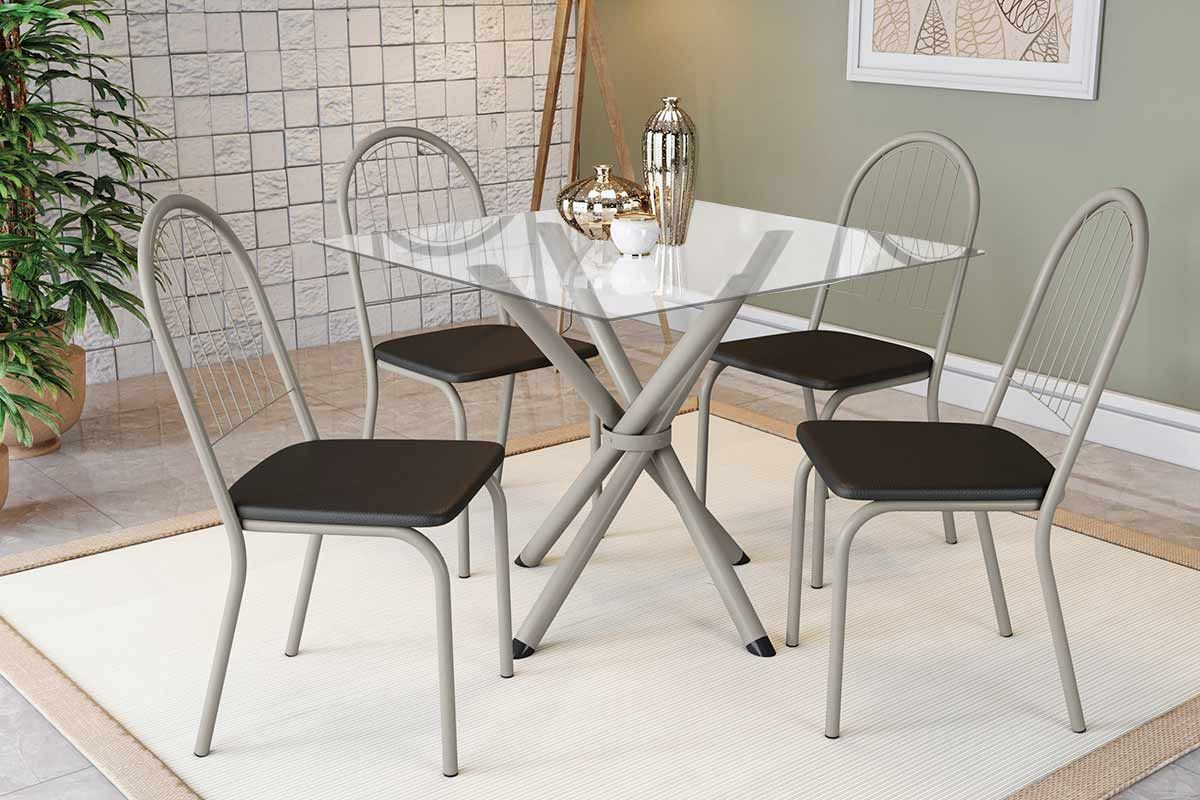 Sala Jantar Mesa Volga c/ Tampo de Vidro 90cm e 4 Cadeiras Noruega - Kappesberg