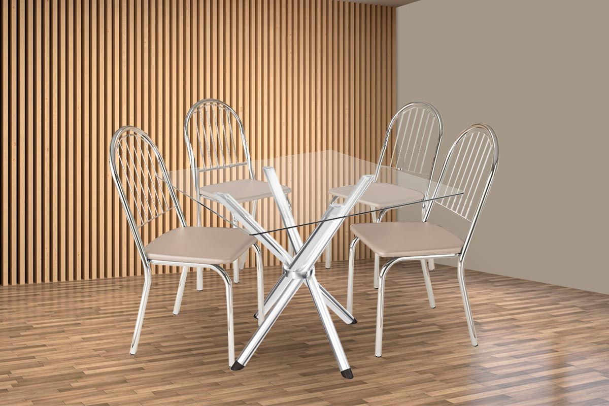 Sala Jantar Mesa Volga c/ Tampo de Vidro 90cm e 4 Cadeiras Noruega - Kappesberg