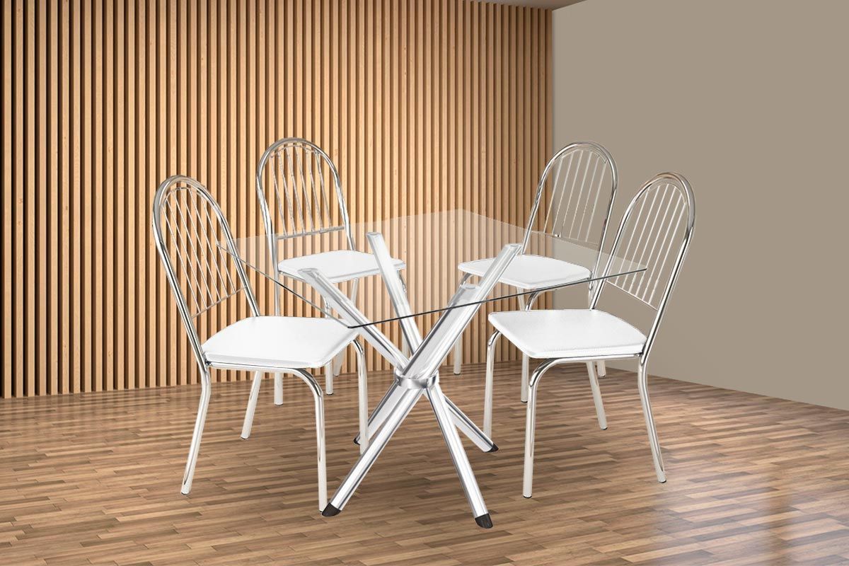Sala Jantar Mesa Volga c/ Tampo de Vidro 90cm e 4 Cadeiras Noruega - Kappesberg