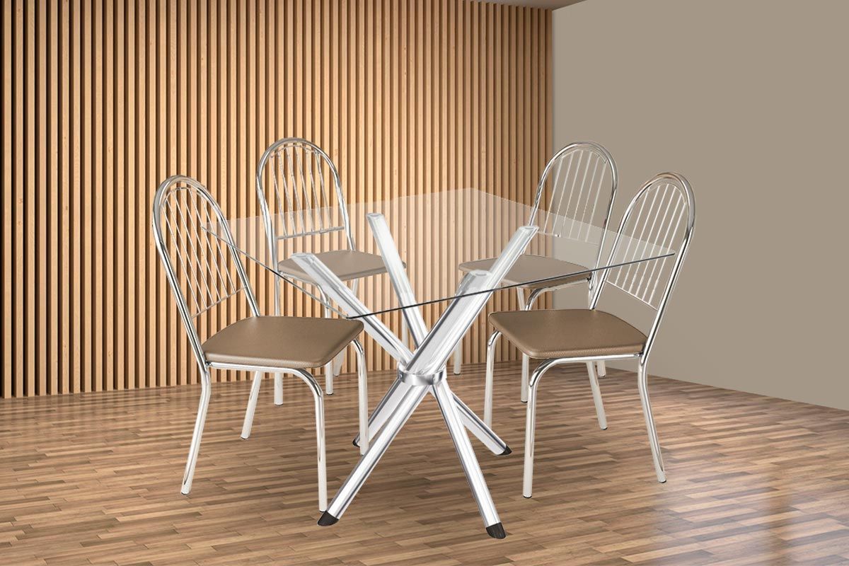 Sala Jantar Mesa Volga c/ Tampo de Vidro 90cm e 4 Cadeiras Noruega - Kappesberg