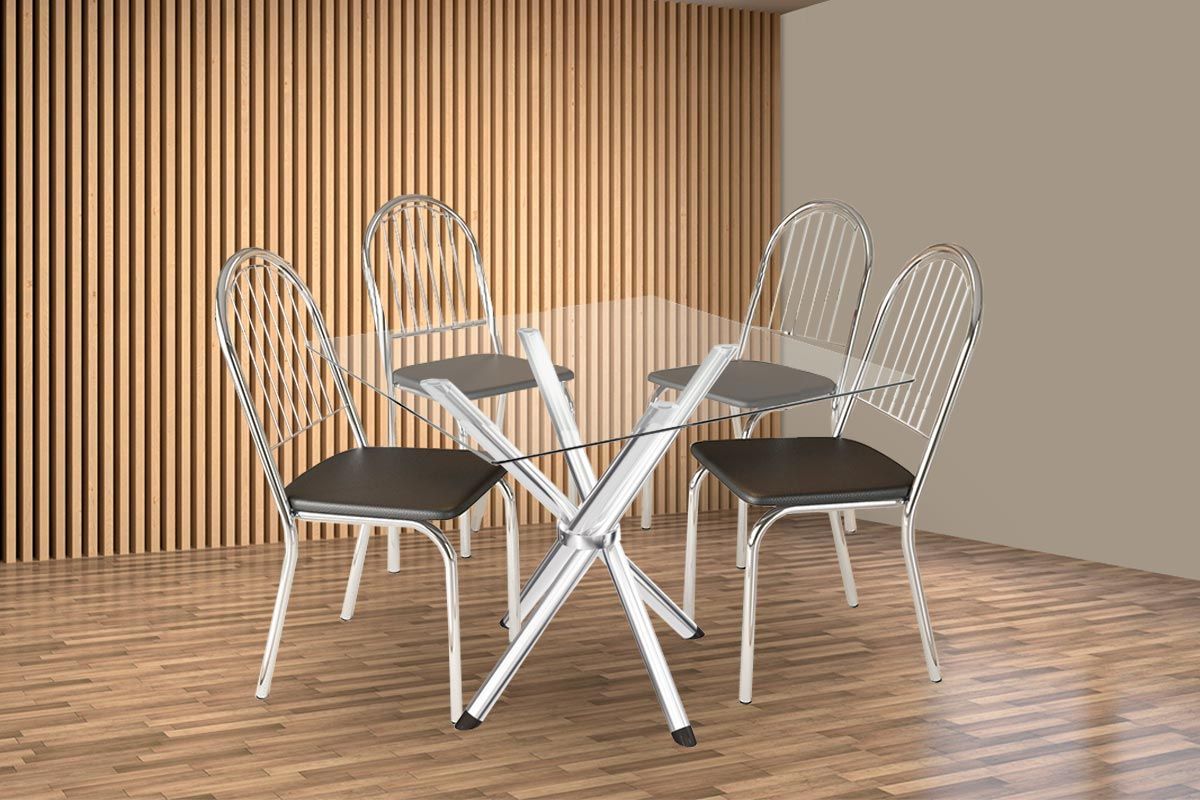 Sala Jantar Mesa Volga c/ Tampo de Vidro 90cm e 4 Cadeiras Noruega - Kappesberg