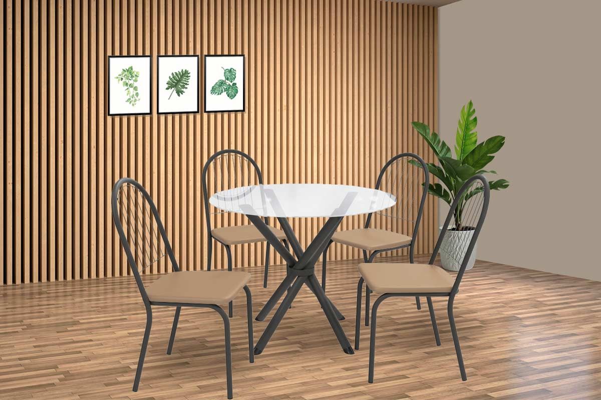 Sala Jantar Mesa Volga c/ Tampo de Vidro 95cm e 4 Cadeiras Noruega - Kappesberg