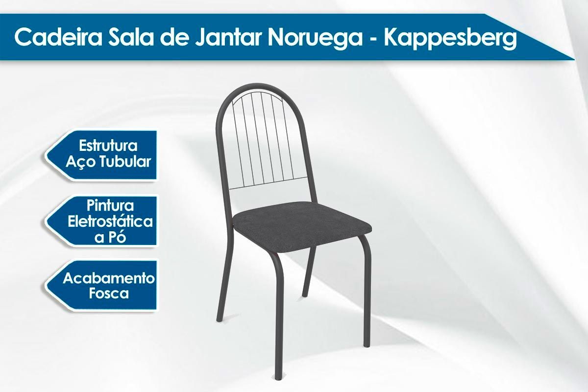 Sala Jantar Mesa Volga c/ Tampo de Vidro 95cm e 4 Cadeiras Noruega - Kappesberg
