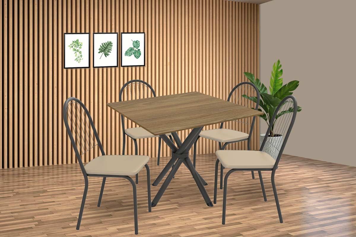 Sala Jantar Mesa Volga c/ Tampo de Madeira 90cm e 4 Cadeiras Noruega - Kappesberg