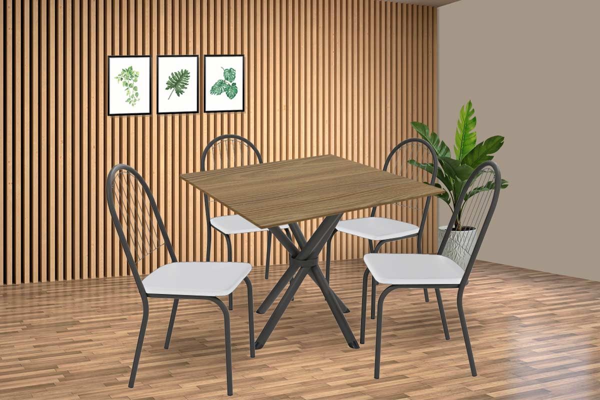 Sala Jantar Mesa Volga c/ Tampo de Madeira 90cm e 4 Cadeiras Noruega - Kappesberg