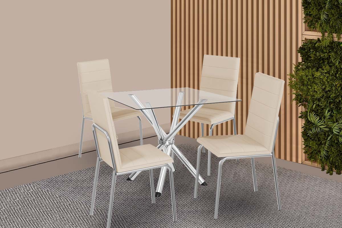 Sala Jantar Mesa Volga c/ Tampo de Vidro 90cm e 4 Cadeiras Amsterdã - Kappesberg