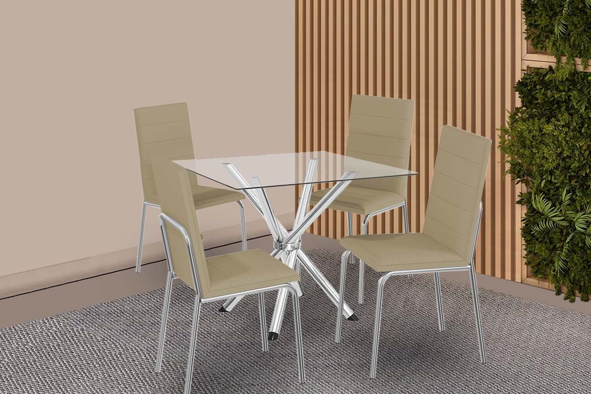 Sala Jantar Mesa Volga c/ Tampo de Vidro 90cm e 4 Cadeiras Amsterdã - Kappesberg