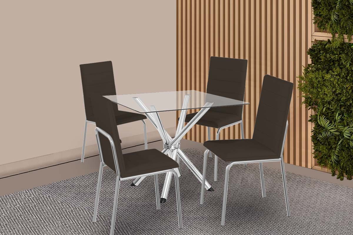 Sala Jantar Mesa Volga c/ Tampo de Vidro 90cm e 4 Cadeiras Amsterdã - Kappesberg