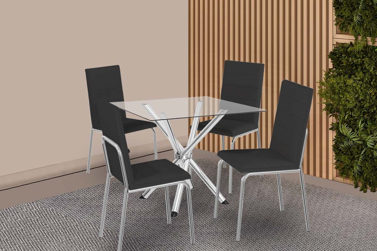 Sala Jantar Mesa Volga c/ Tampo de Vidro 90cm e 4 Cadeiras Amsterdã - Kappesberg
