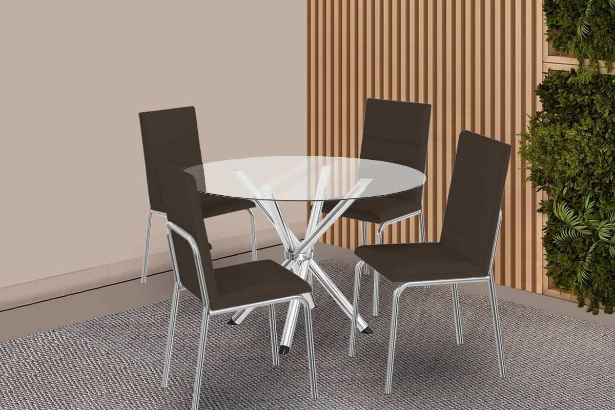 Sala Jantar Mesa Volga c/ Tampo de Vidro 95cm e 4 Cadeiras Amsterdã - Kappesberg