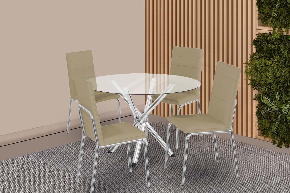Sala Jantar Mesa Volga c/ Tampo de Vidro 95cm e 4 Cadeiras Amsterdã - Kappesberg