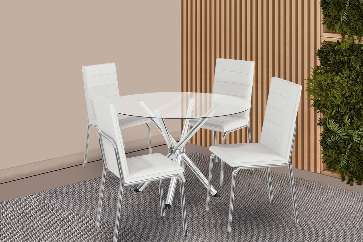 Sala Jantar Mesa Volga c/ Tampo de Vidro 95cm e 4 Cadeiras Amsterdã - Kappesberg
