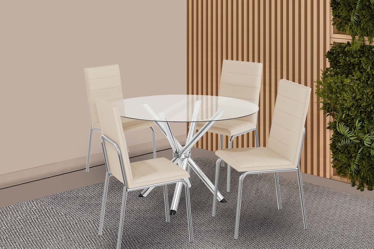 Sala Jantar Mesa Volga c/ Tampo de Vidro 95cm e 4 Cadeiras Amsterdã - Kappesberg