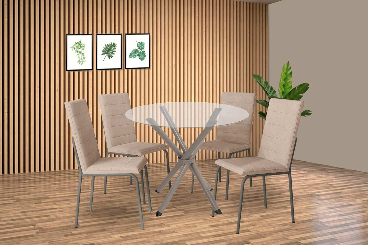 Sala Jantar Mesa Volga c/ Tampo de Vidro 95cm e 4 Cadeiras Amsterdã - Kappesberg