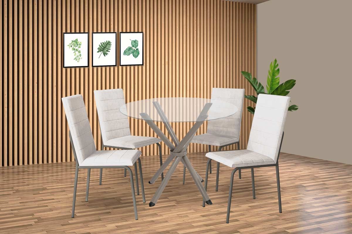 Sala Jantar Mesa Volga c/ Tampo de Vidro 95cm e 4 Cadeiras Amsterdã - Kappesberg