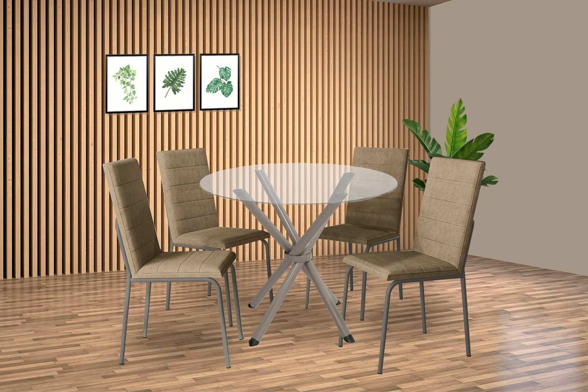 Sala Jantar Mesa Volga c/ Tampo de Vidro 95cm e 4 Cadeiras Amsterdã - Kappesberg