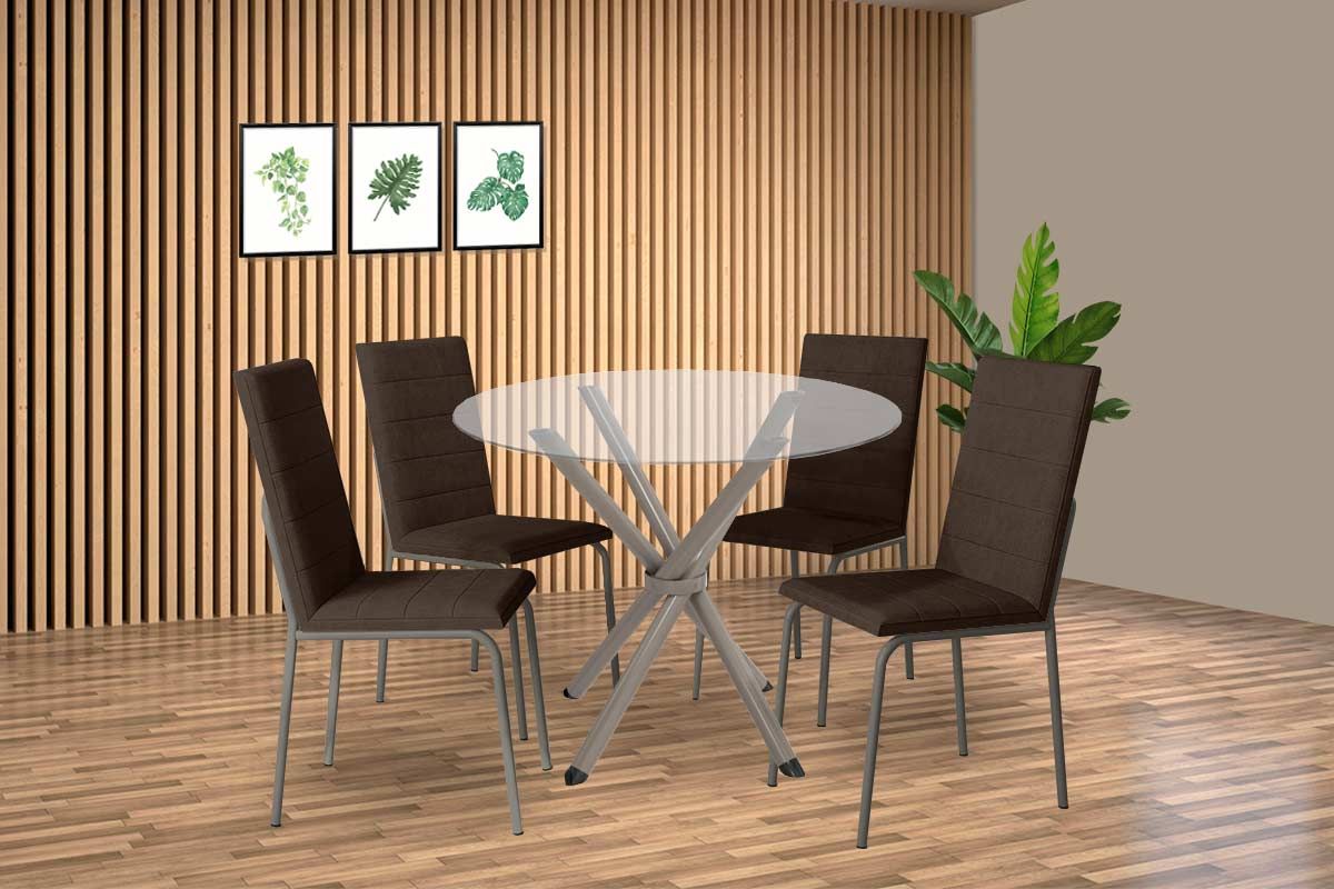 Sala Jantar Mesa Volga c/ Tampo de Vidro 95cm e 4 Cadeiras Amsterdã - Kappesberg