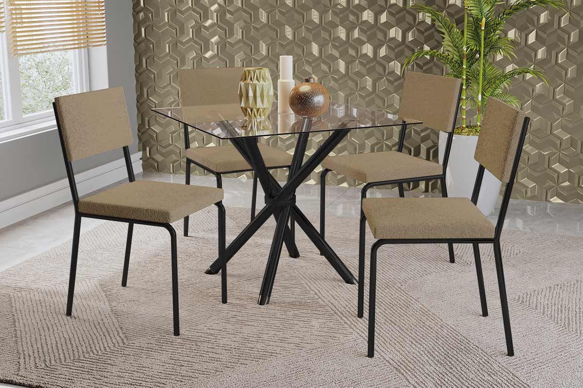 Sala Jantar Mesa Volga c/ Tampo de Vidro 90cm e 4 Cadeiras Zaria - Kappesberg