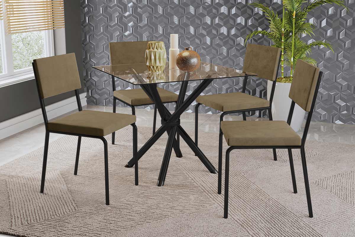Sala Jantar Mesa Volga c/ Tampo de Vidro 90cm e 4 Cadeiras Zaria - Kappesberg