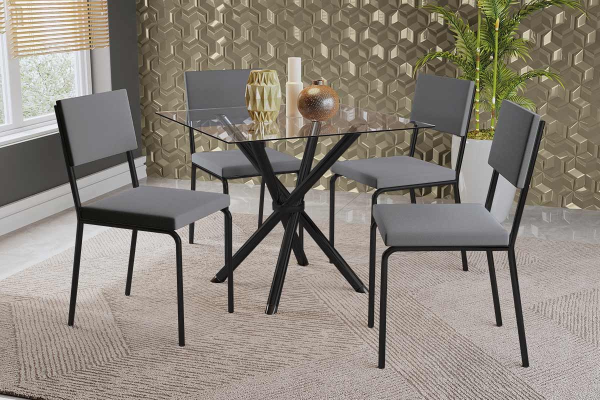 Sala Jantar Mesa Volga c/ Tampo de Vidro 90cm e 4 Cadeiras Zaria - Kappesberg