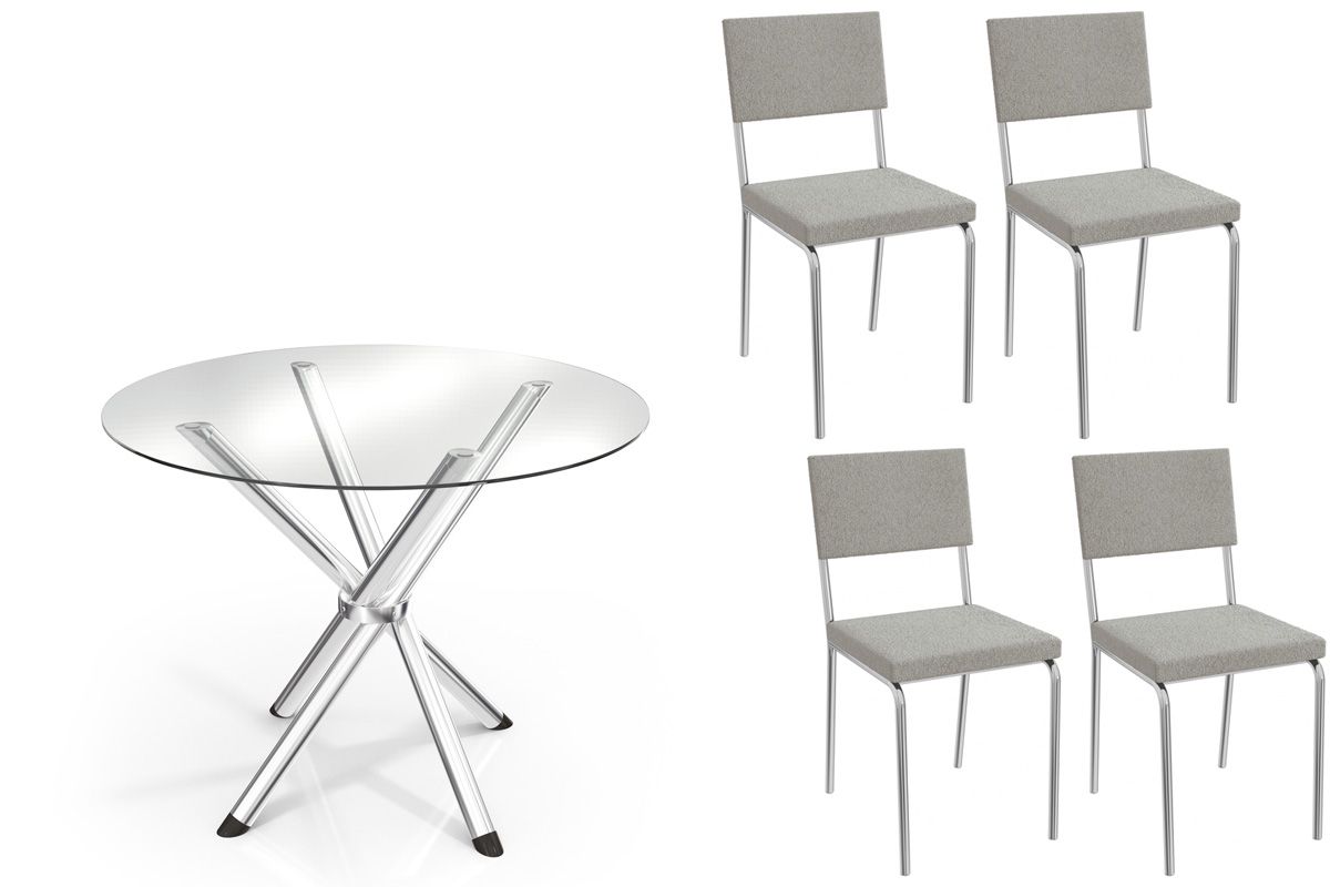 Sala Jantar Mesa Volga c/ Tampo de Vidro 95cm e 4 Cadeiras Zaria - Kappesberg