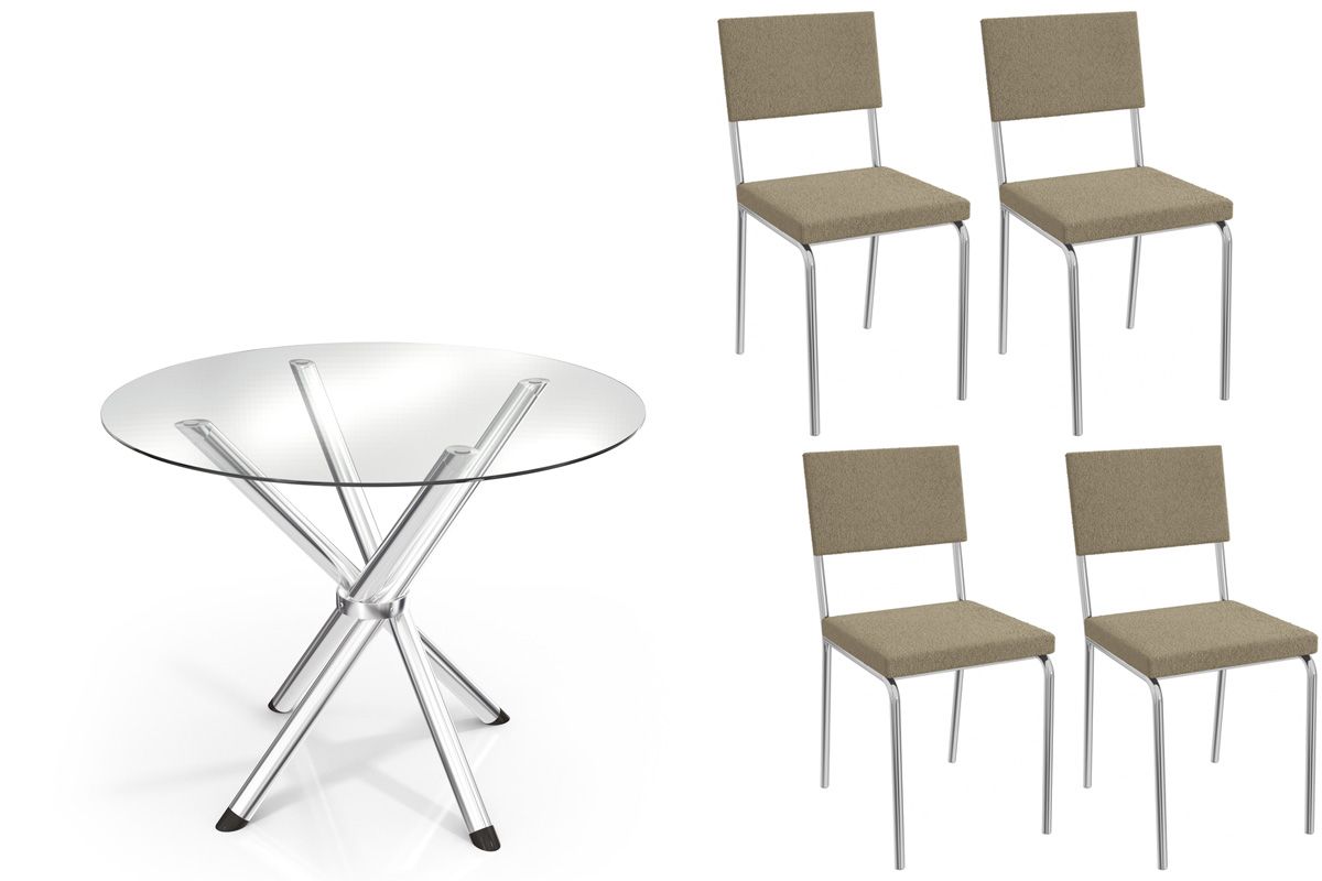 Sala Jantar Mesa Volga c/ Tampo de Vidro 95cm e 4 Cadeiras Zaria - Kappesberg