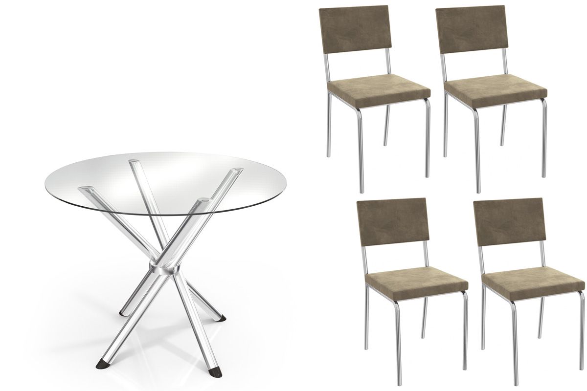 Sala Jantar Mesa Volga c/ Tampo de Vidro 95cm e 4 Cadeiras Zaria - Kappesberg