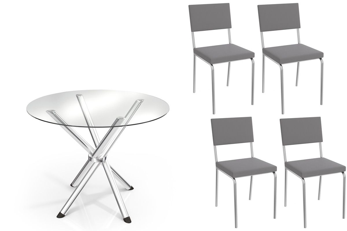 Sala Jantar Mesa Volga c/ Tampo de Vidro 95cm e 4 Cadeiras Zaria - Kappesberg