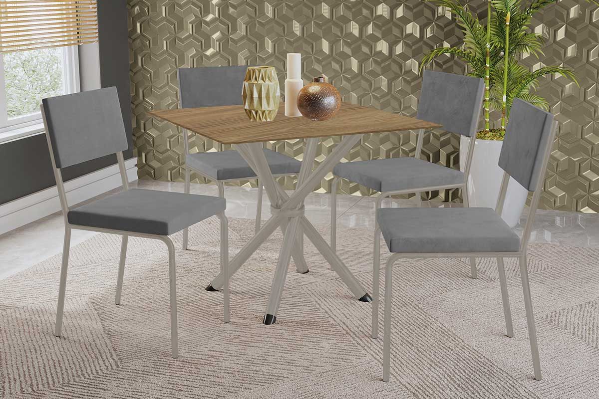 Sala Jantar Mesa Volga c/ Tampo de Madeira 90cm e 4 Cadeiras Zaria - Kappesberg