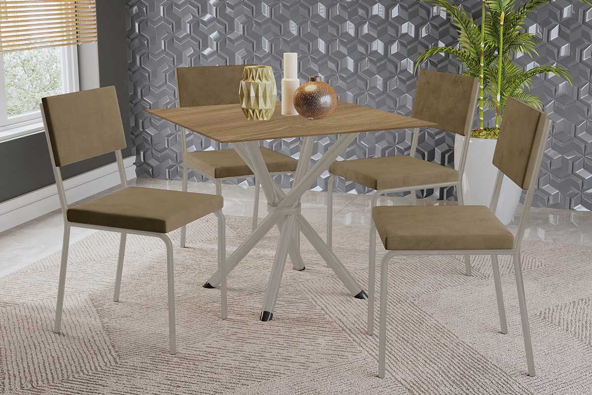 Sala Jantar Mesa Volga c/ Tampo de Madeira 90cm e 4 Cadeiras Zaria - Kappesberg
