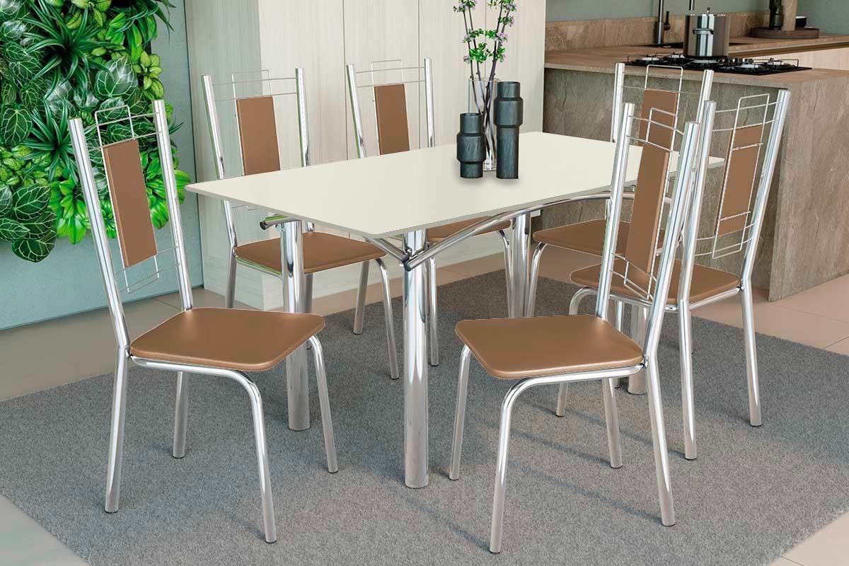Sala Jantar Mesa Elba Tampo Madeirado c/ Vidro 160cm e 6 Cadeiras Florença - Kappesberg