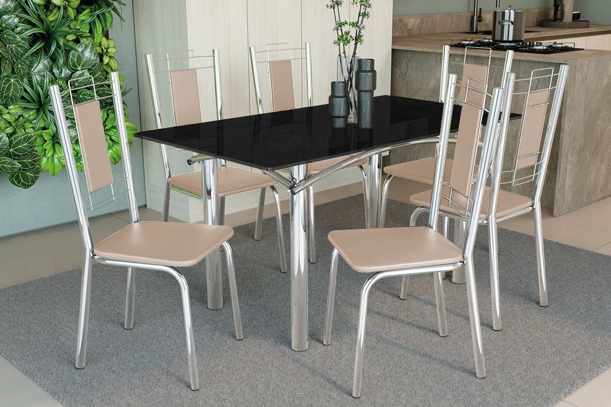 Sala Jantar Mesa Elba Tampo Madeirado c/ Vidro 160cm e 6 Cadeiras Florença - Kappesberg