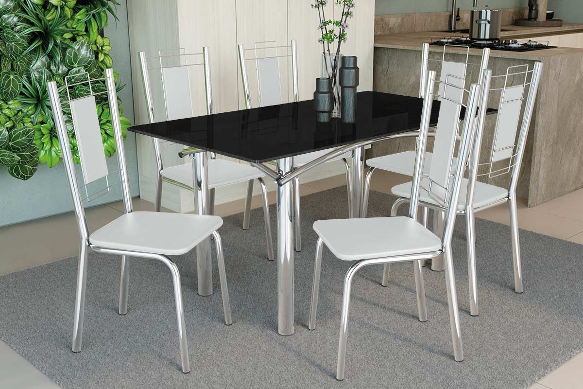 Sala Jantar Mesa Elba Tampo Madeirado c/ Vidro 160cm e 6 Cadeiras Florença - Kappesberg