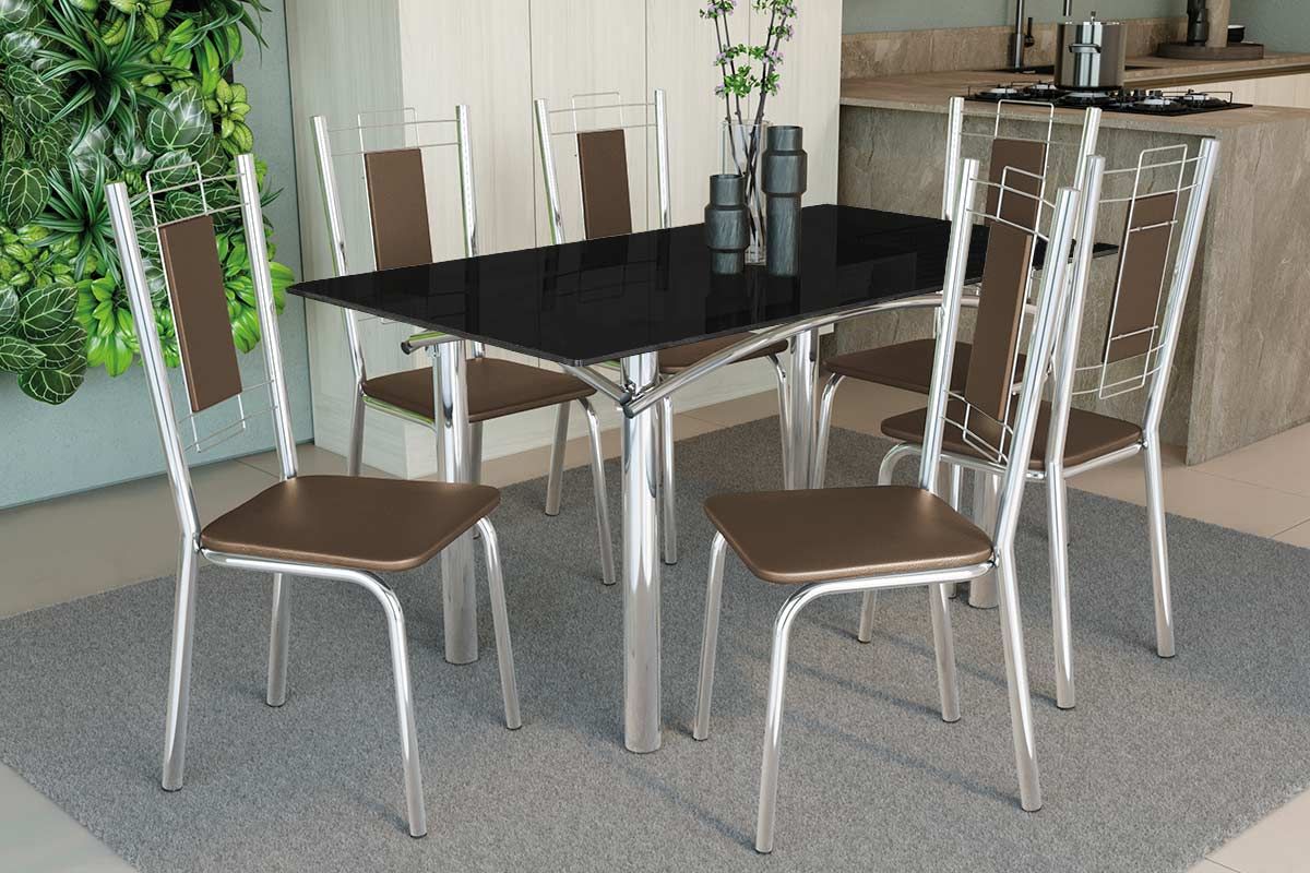 Sala Jantar Mesa Elba Tampo Madeirado c/ Vidro 160cm e 6 Cadeiras Florença - Kappesberg