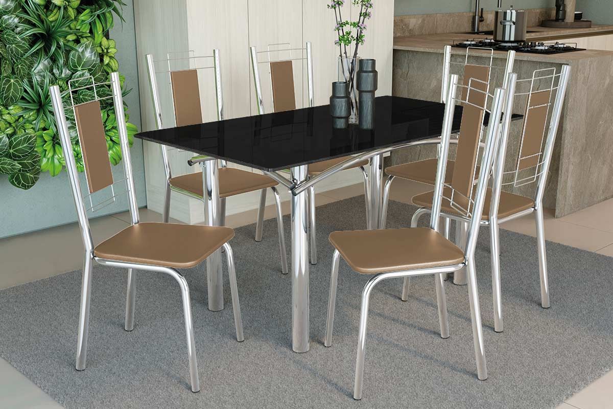 Sala Jantar Mesa Elba Tampo Madeirado c/ Vidro 160cm e 6 Cadeiras Florença - Kappesberg