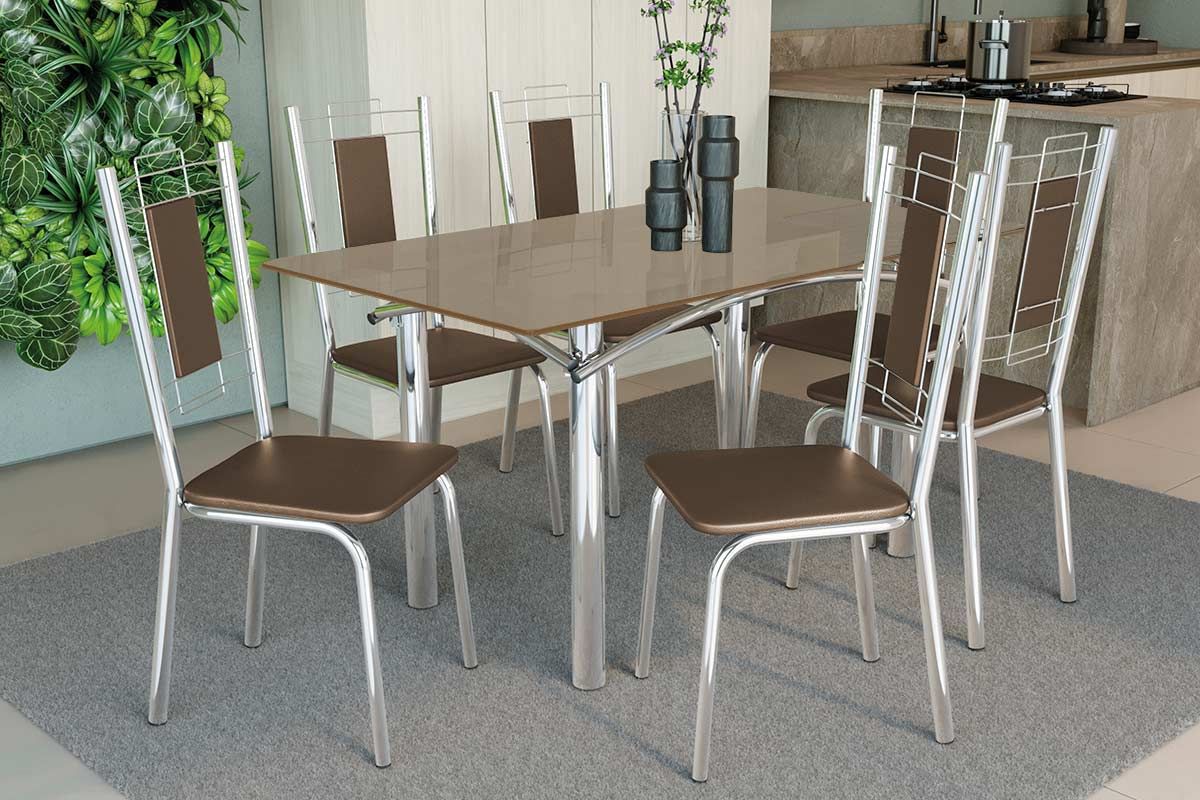 Sala Jantar Mesa Elba Tampo Madeirado c/ Vidro 160cm e 6 Cadeiras Florença - Kappesberg