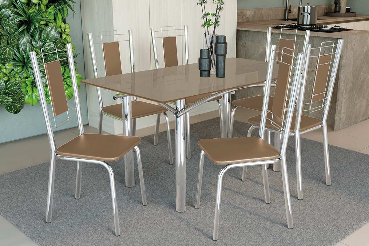 Sala Jantar Mesa Elba Tampo Madeirado c/ Vidro 160cm e 6 Cadeiras Florença - Kappesberg