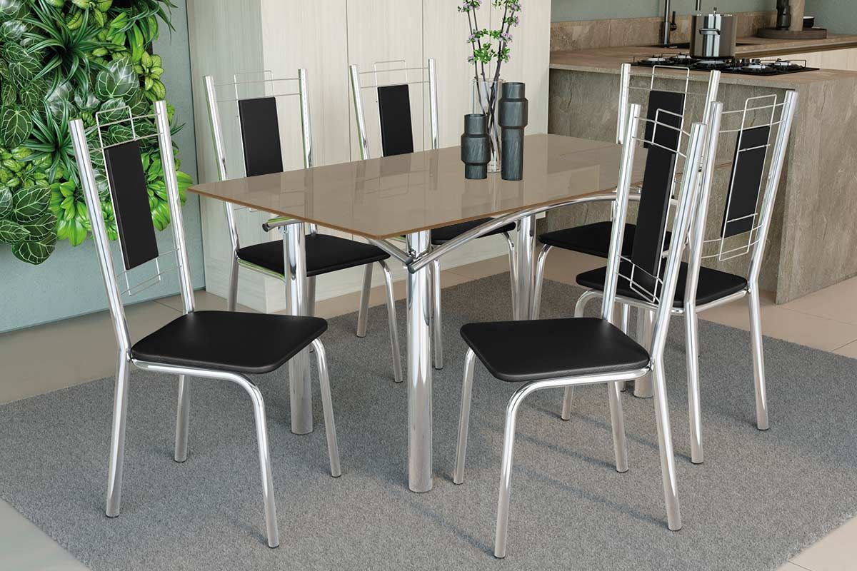 Sala Jantar Mesa Elba Tampo Madeirado c/ Vidro 160cm e 6 Cadeiras Florença - Kappesberg