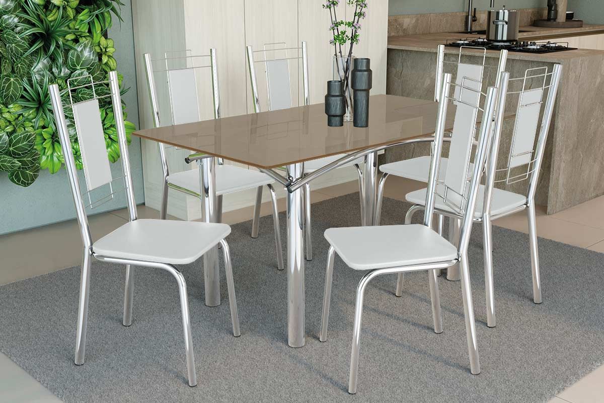 Sala Jantar Mesa Elba Tampo Madeirado c/ Vidro 160cm e 6 Cadeiras Florença - Kappesberg