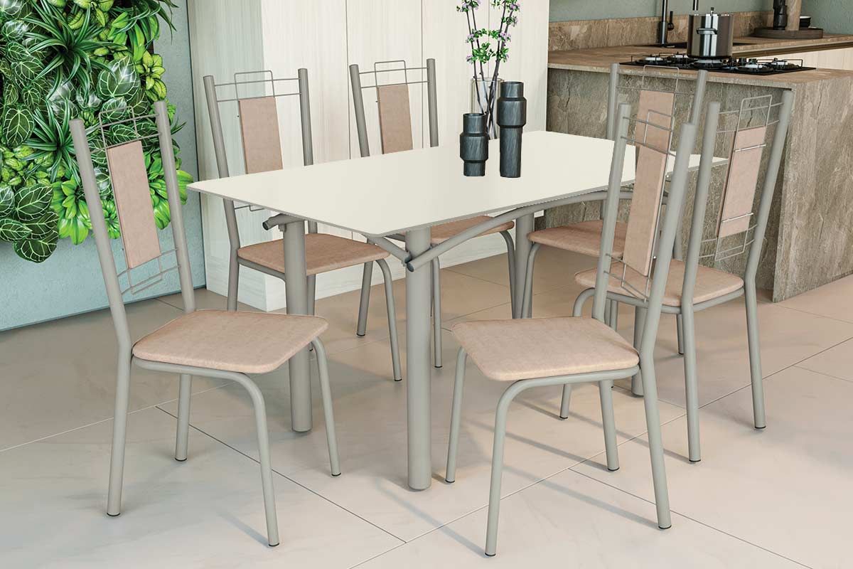 Sala Jantar Mesa Elba Tampo Madeirado c/ Vidro 160cm e 6 Cadeiras Florença - Kappesberg