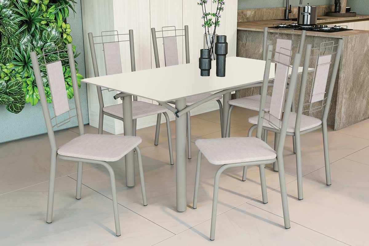 Sala Jantar Mesa Elba Tampo Madeirado c/ Vidro 160cm e 6 Cadeiras Florença - Kappesberg