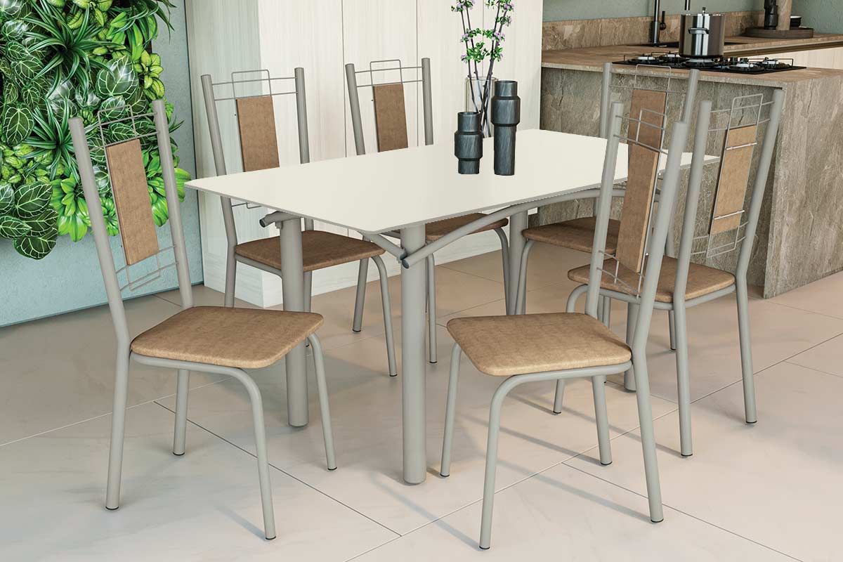 Sala Jantar Mesa Elba Tampo Madeirado c/ Vidro 160cm e 6 Cadeiras Florença - Kappesberg
