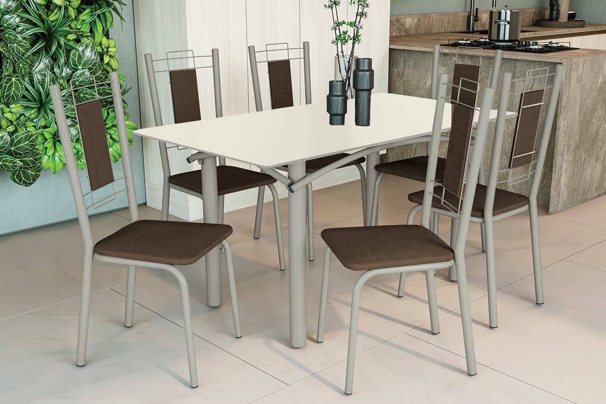 Sala Jantar Mesa Elba Tampo Madeirado c/ Vidro 160cm e 6 Cadeiras Florença - Kappesberg
