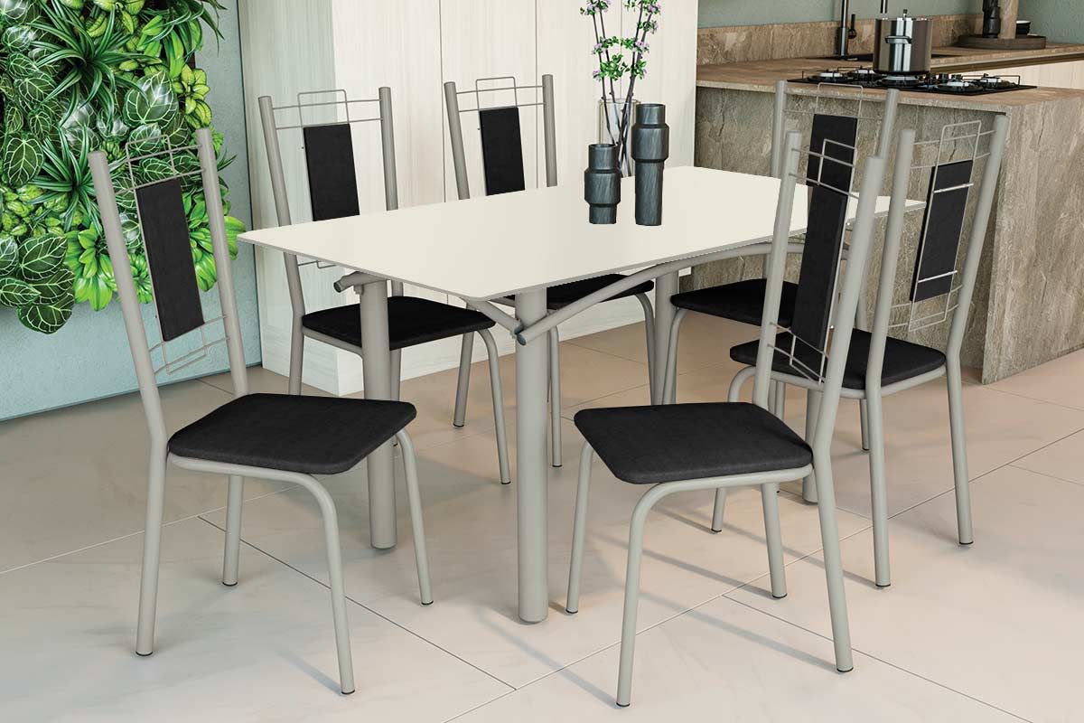 Sala Jantar Mesa Elba Tampo Madeirado c/ Vidro 160cm e 6 Cadeiras Florença - Kappesberg