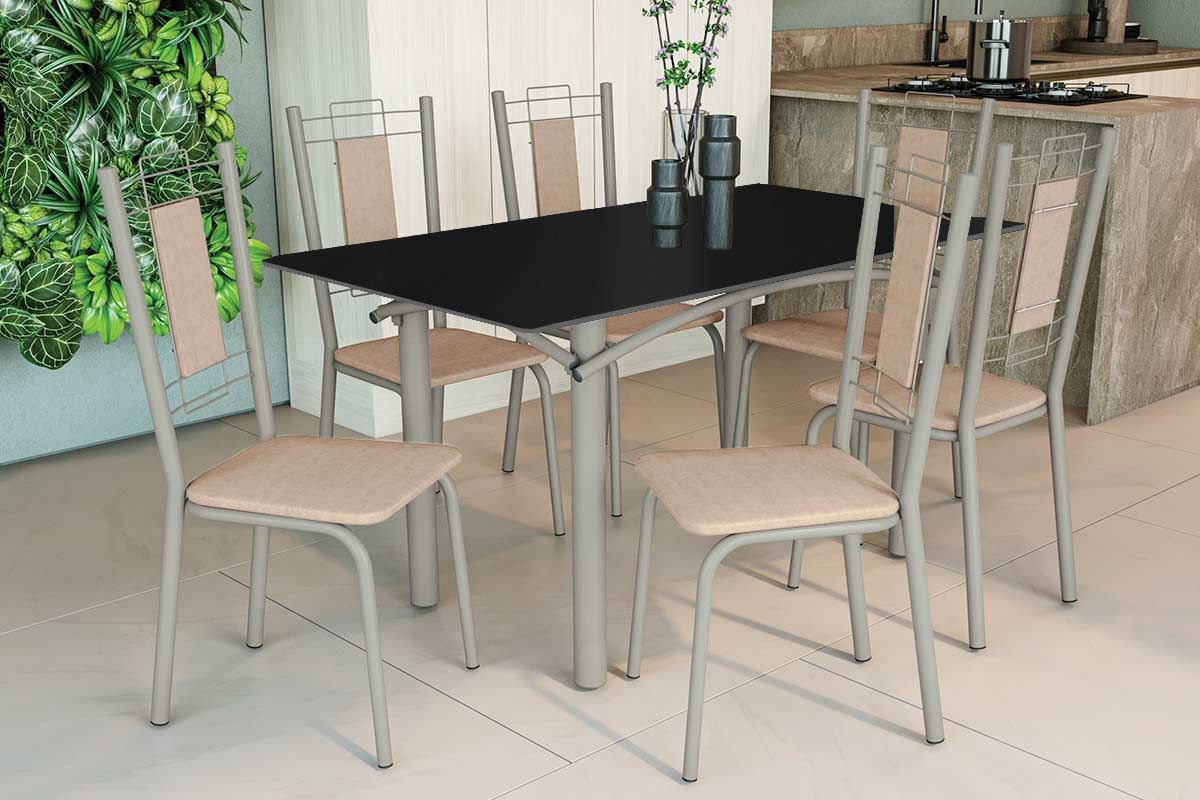 Sala Jantar Mesa Elba Tampo Madeirado c/ Vidro 160cm e 6 Cadeiras Florença - Kappesberg