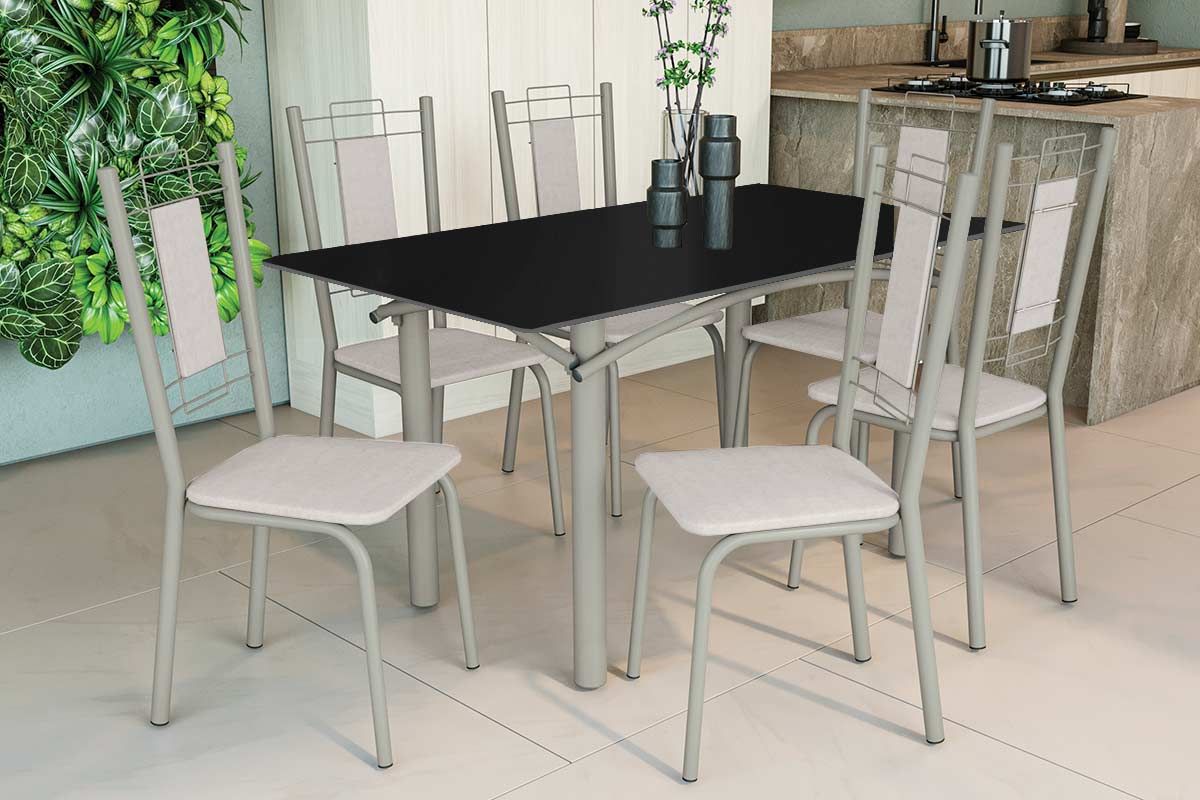 Sala Jantar Mesa Elba Tampo Madeirado c/ Vidro 160cm e 6 Cadeiras Florença - Kappesberg