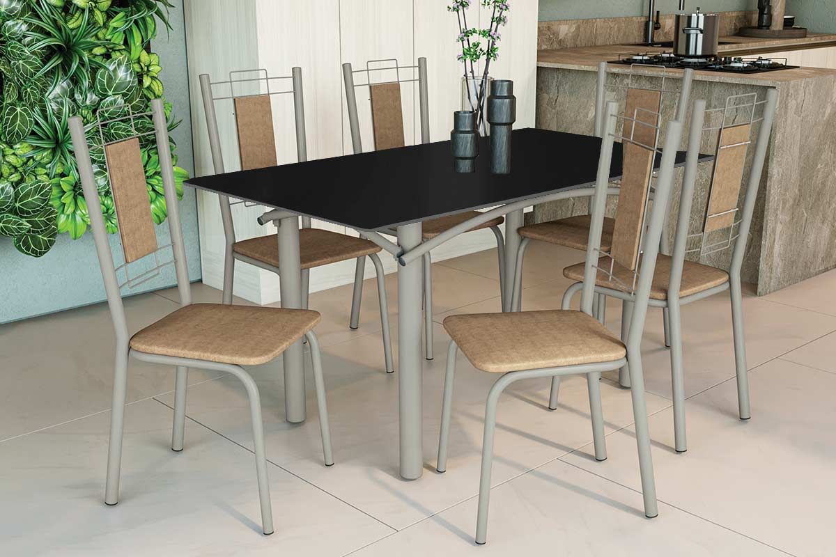 Sala Jantar Mesa Elba Tampo Madeirado c/ Vidro 160cm e 6 Cadeiras Florença - Kappesberg